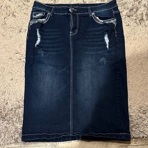 Dark Blue Distressed Pencil Skirt